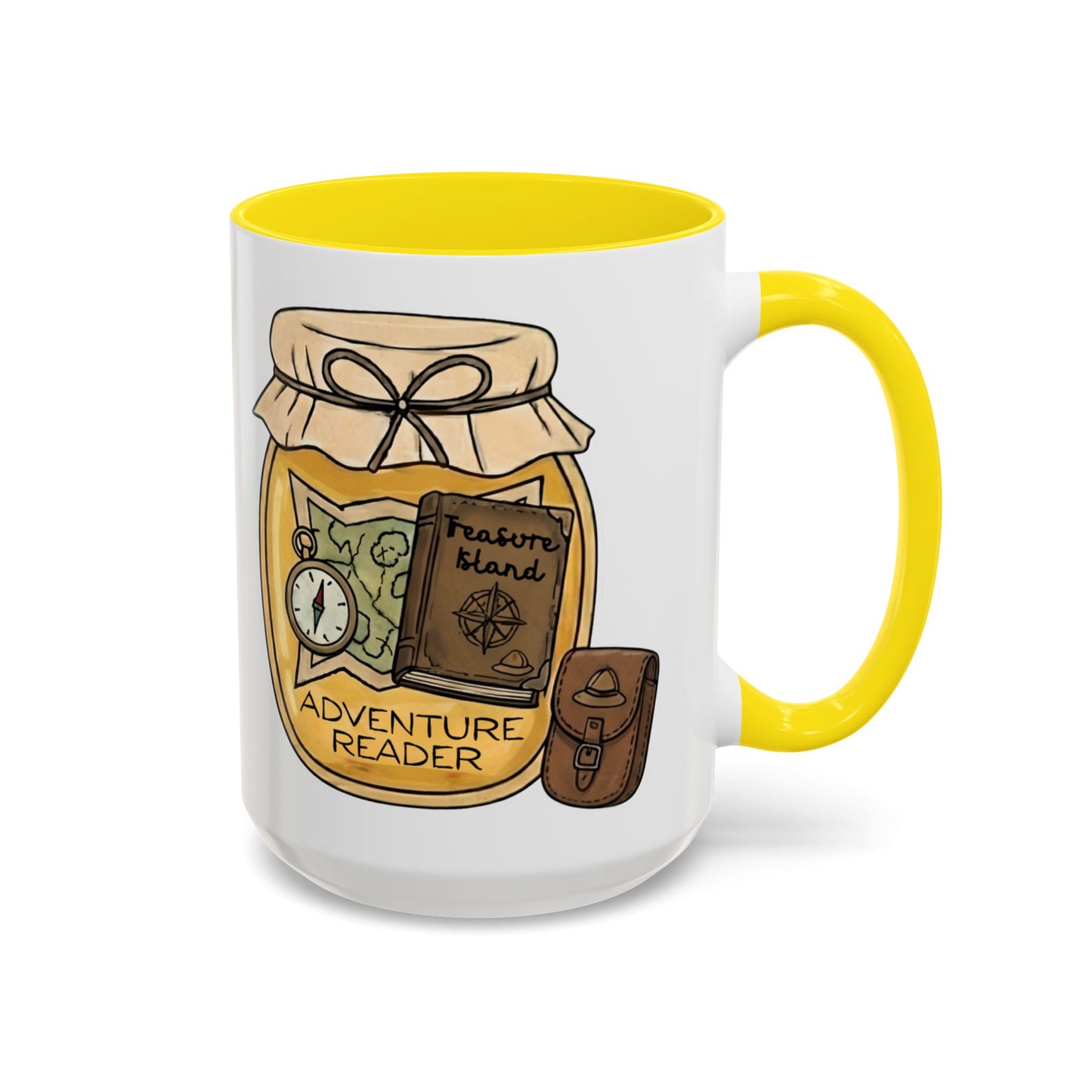 "Adventure Reader" Accent Coffee Mug — Bookish Travel Compass & Treasure Jam Jar Design
