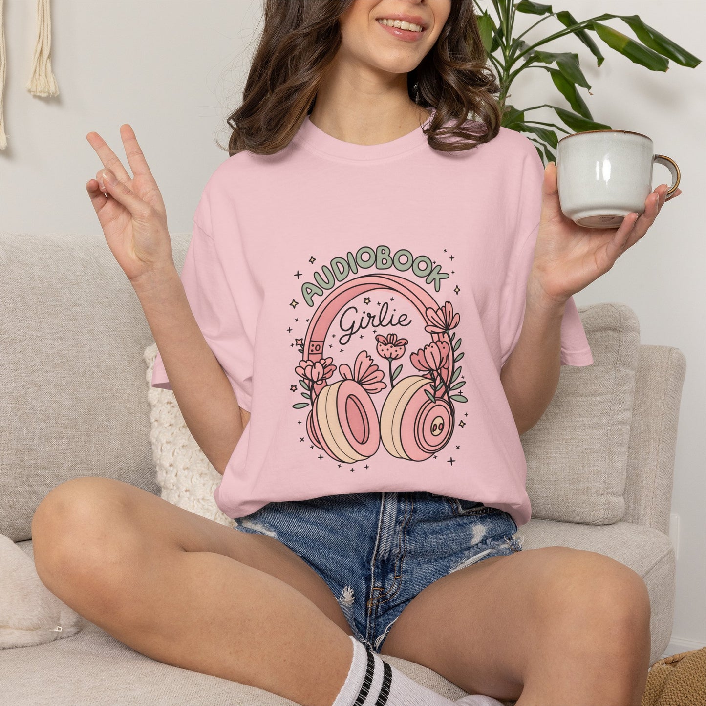 "Audiobook Girlie" T-Shirt — Floral Headphones Graphic Tee