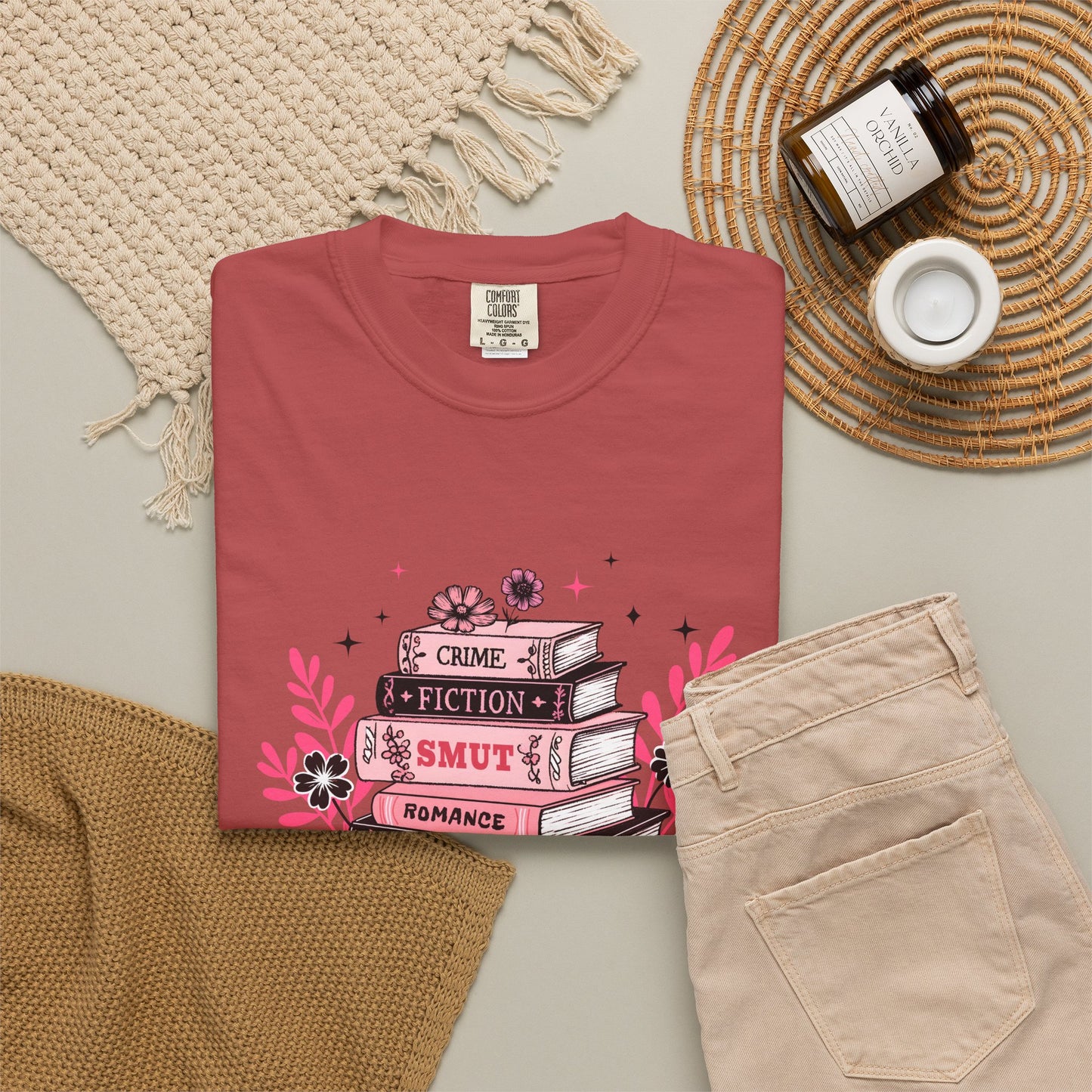 Book Stack Graphic T-Shirt — Cute Floral Reading Shirt (Crime, Fiction, Smut, Romance)