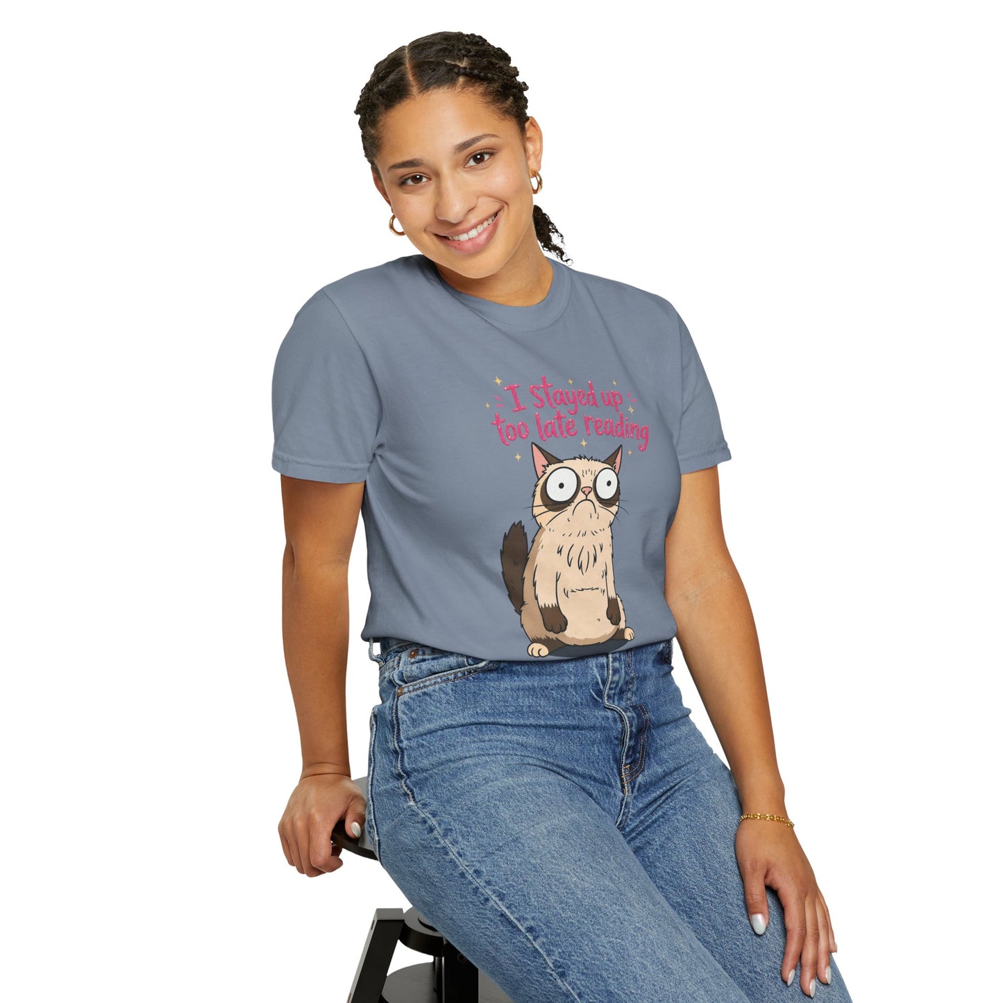 "I Stayed Up Too Late Reading" Cat T-Shirt — Cute Book Lover Graphic Tee