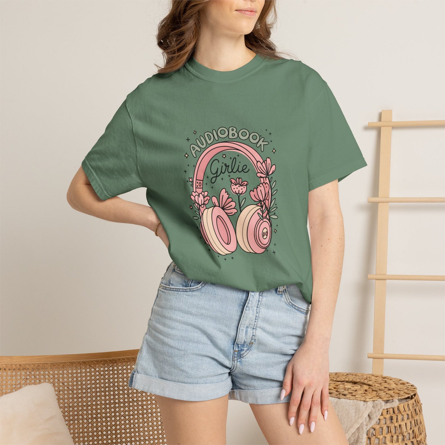 "Audiobook Girlie" T-Shirt — Floral Headphones Graphic Tee