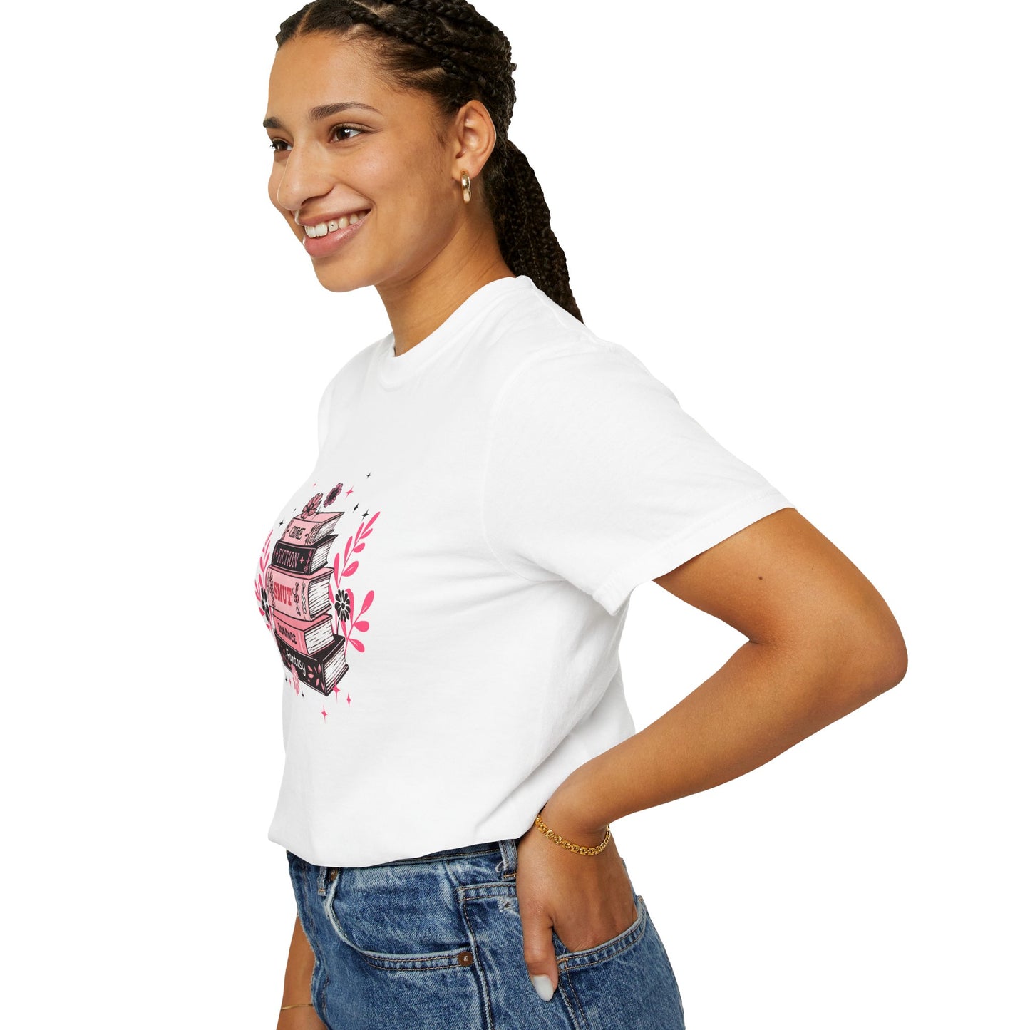 Book Stack Graphic T-Shirt — Cute Floral Reading Shirt (Crime, Fiction, Smut, Romance)