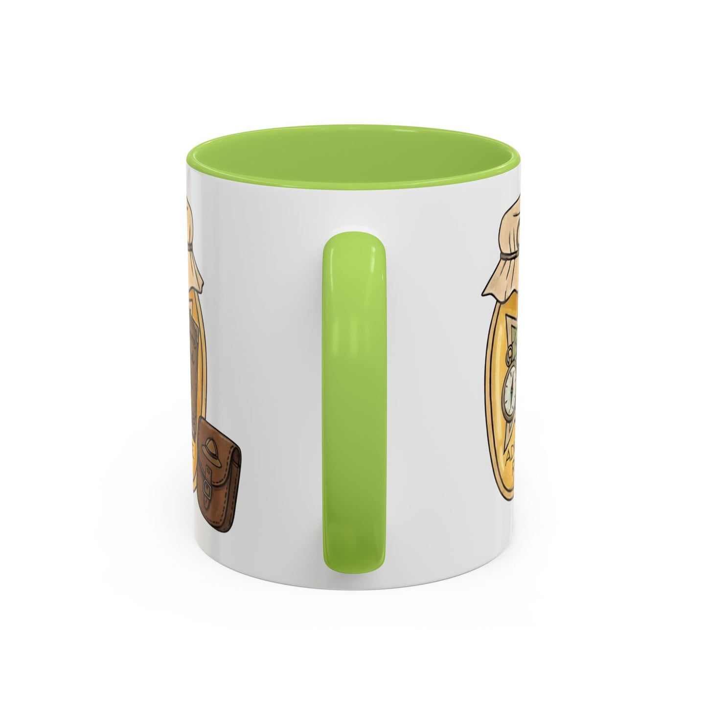 "Adventure Reader" Accent Coffee Mug — Bookish Travel Compass & Treasure Jam Jar Design