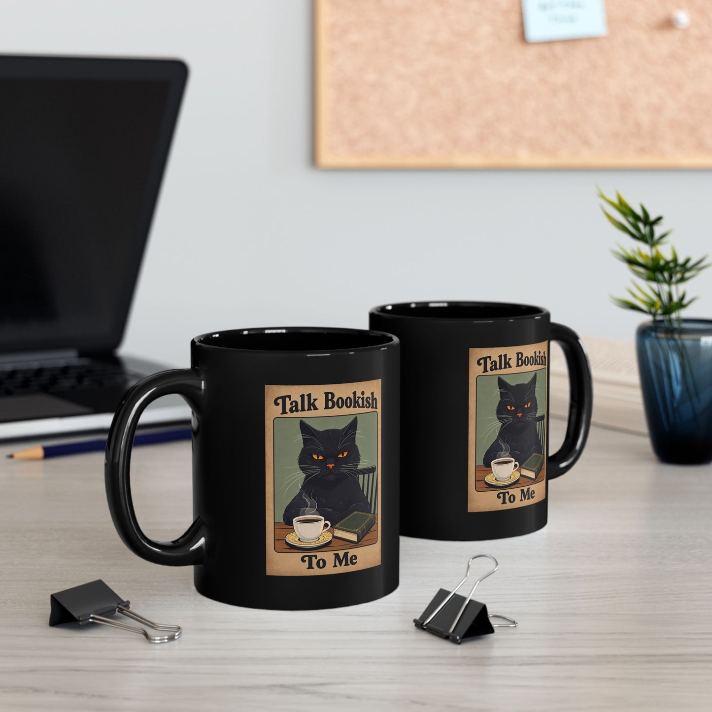 Bookish Cat Coffee Mug — “Talk Bookish To Me” Black Ceramic Mug