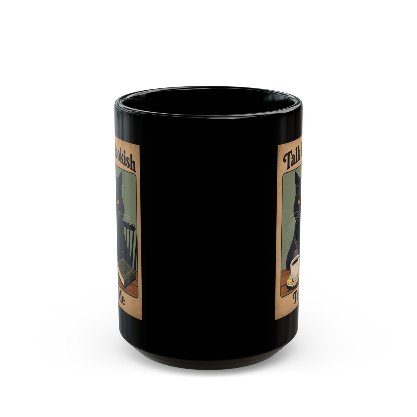 Bookish Cat Coffee Mug — “Talk Bookish To Me” Black Ceramic Mug
