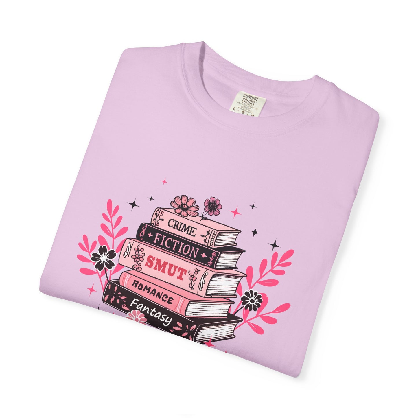 Book Stack Graphic T-Shirt — Cute Floral Reading Shirt (Crime, Fiction, Smut, Romance)