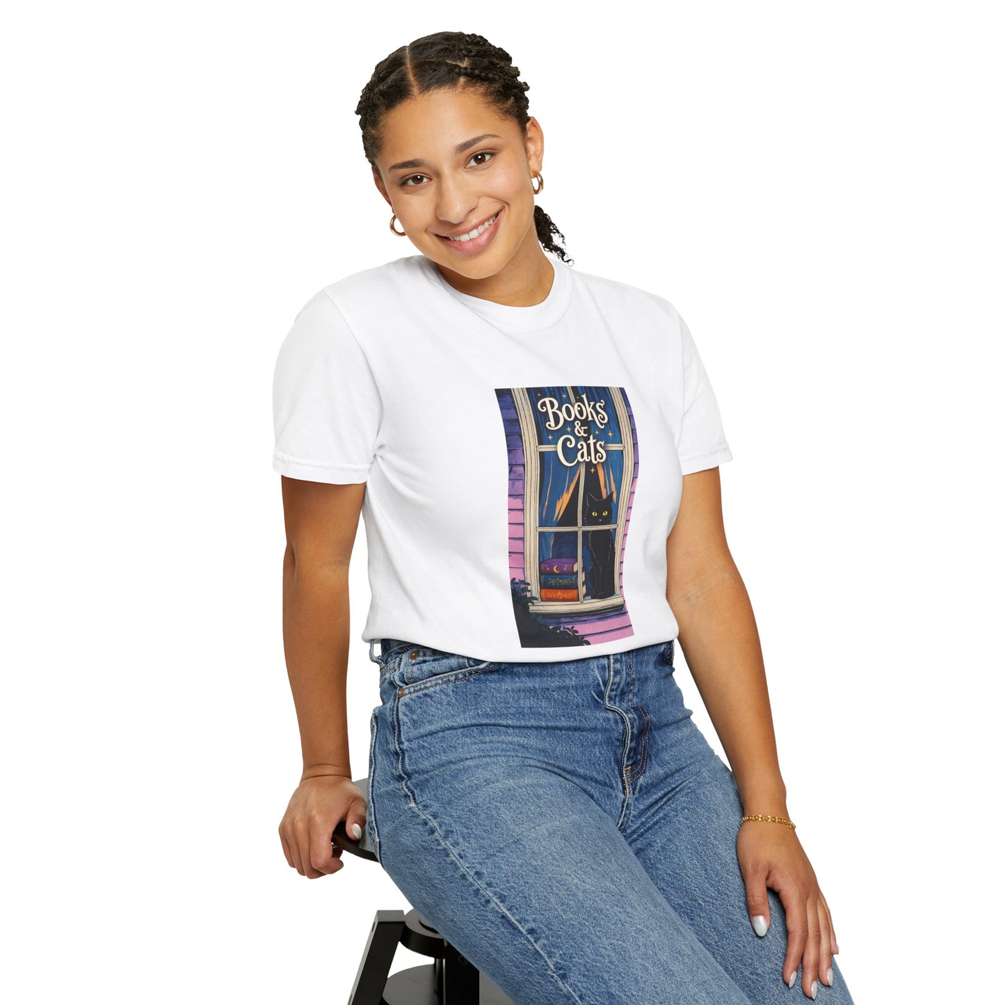 "Books & Cats" T-Shirt — Cozy Bookshop Window Graphic Tee