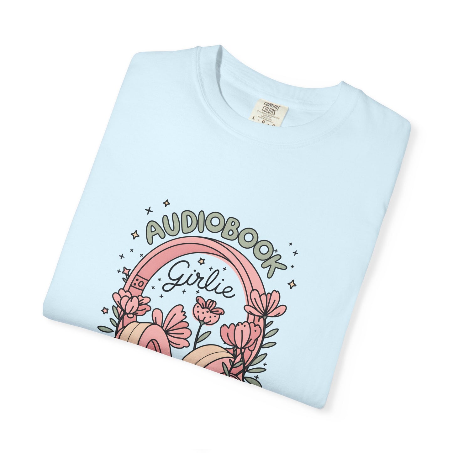 "Audiobook Girlie" T-Shirt — Floral Headphones Graphic Tee
