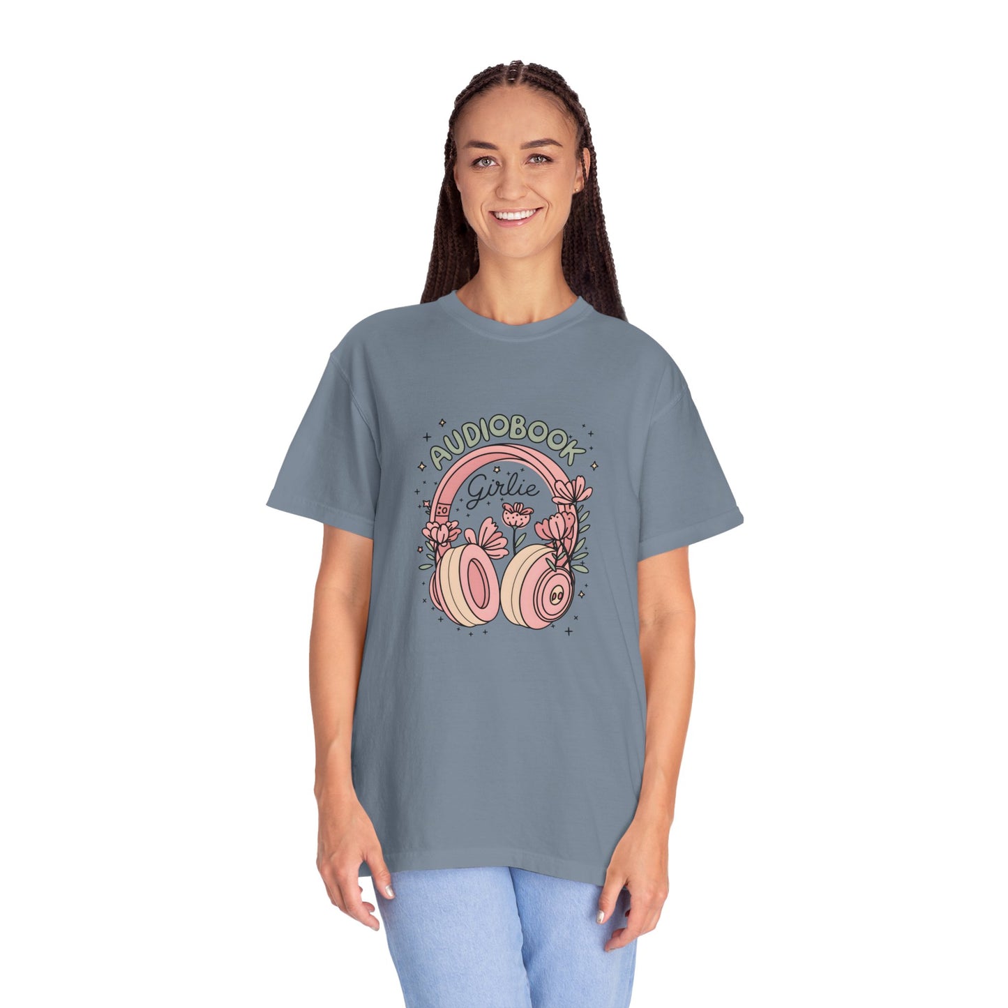 "Audiobook Girlie" T-Shirt — Floral Headphones Graphic Tee