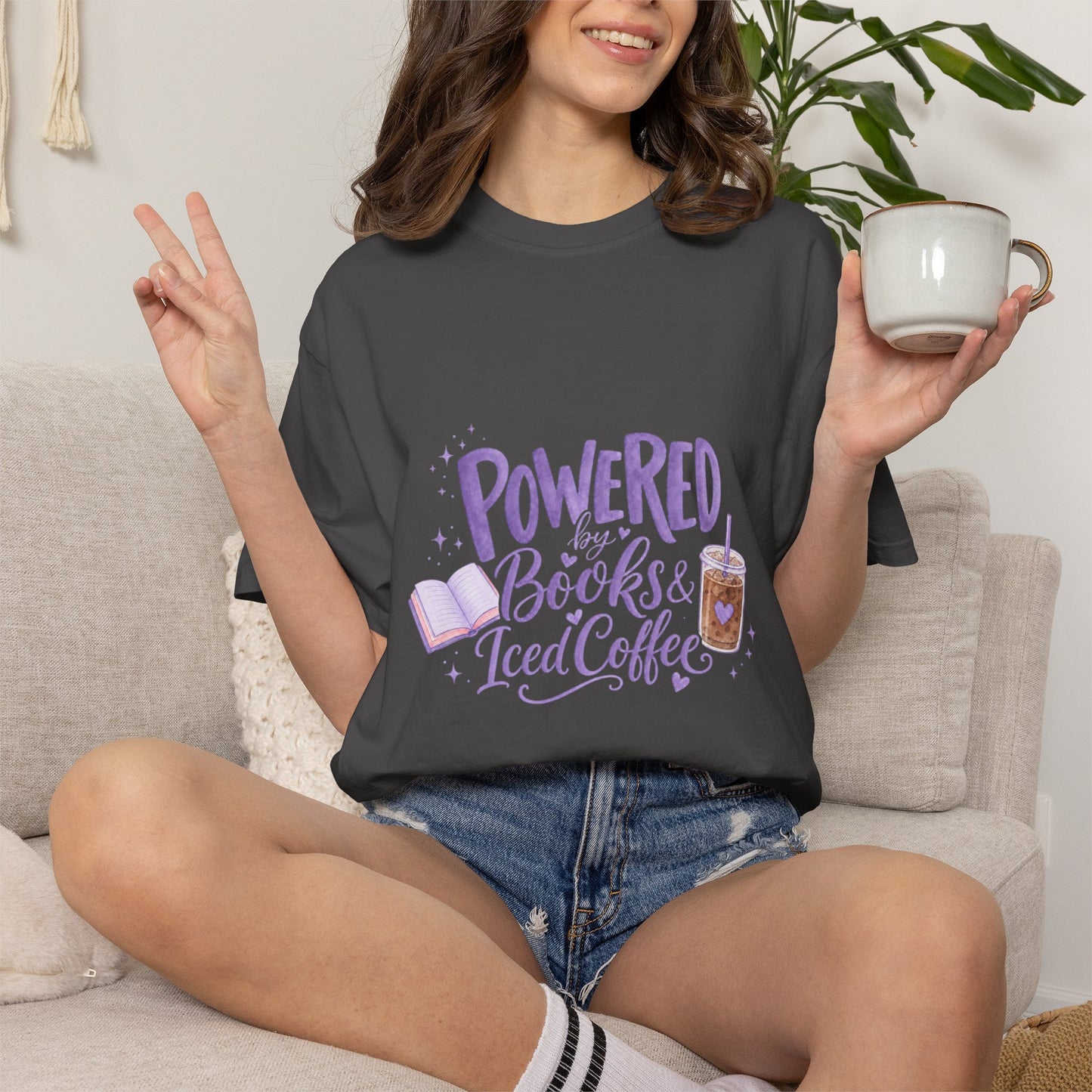 Book Lover T‑Shirt — "Powered by Books & Iced Coffee" Graphic Tee