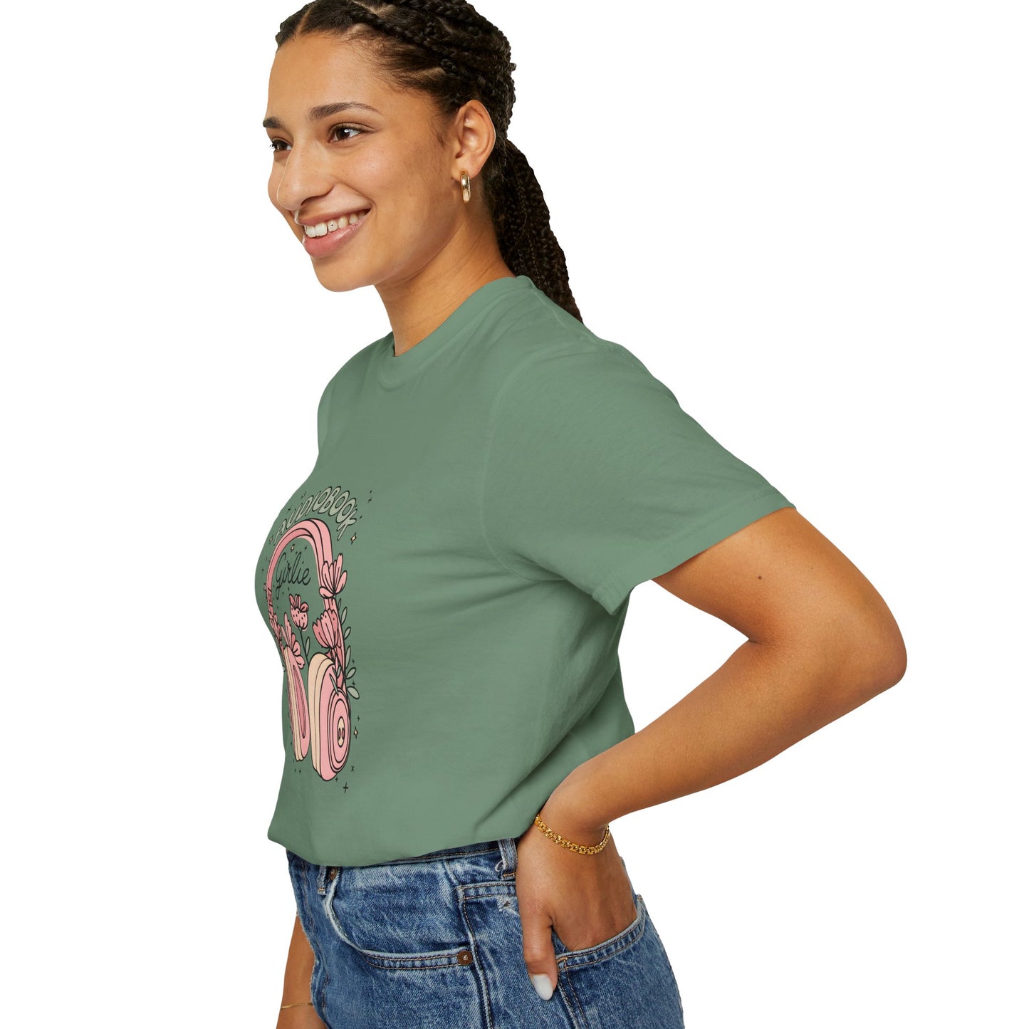 "Audiobook Girlie" T-Shirt — Floral Headphones Graphic Tee