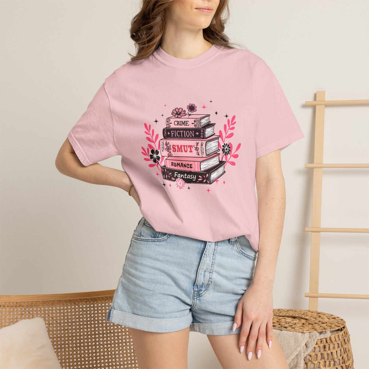 Book Stack Graphic T-Shirt — Cute Floral Reading Shirt (Crime, Fiction, Smut, Romance)