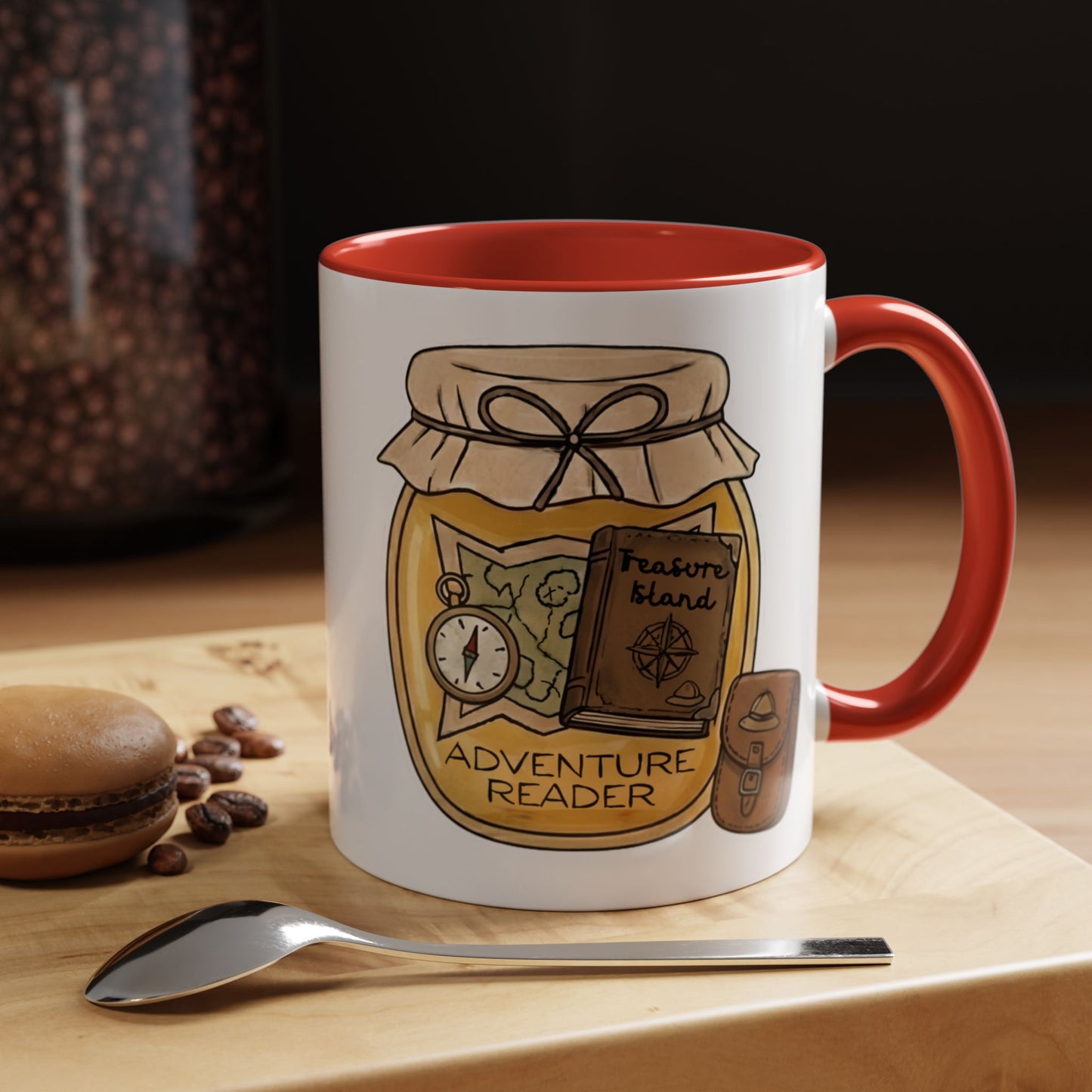 "Adventure Reader" Accent Coffee Mug — Bookish Travel Compass & Treasure Jam Jar Design