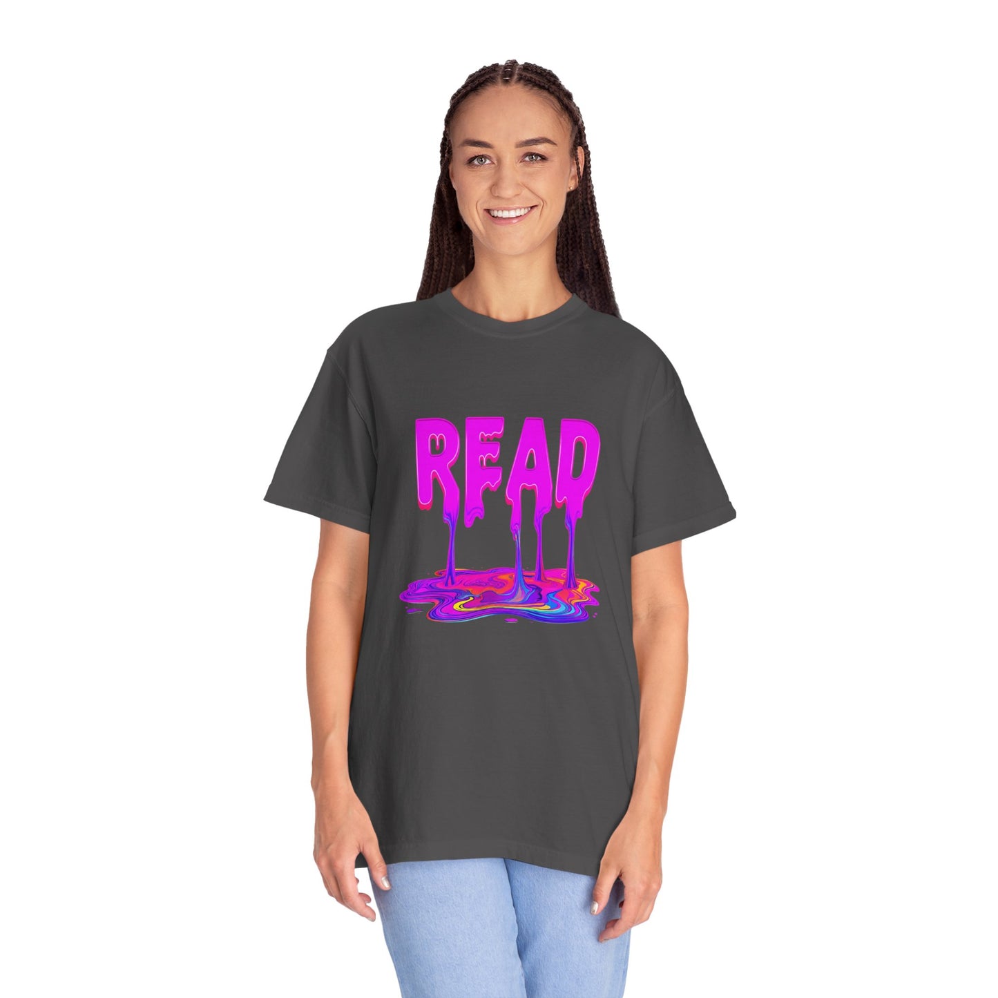 "READ" Dripping Graphic T-Shirt — Psychedelic Melting Book Design
