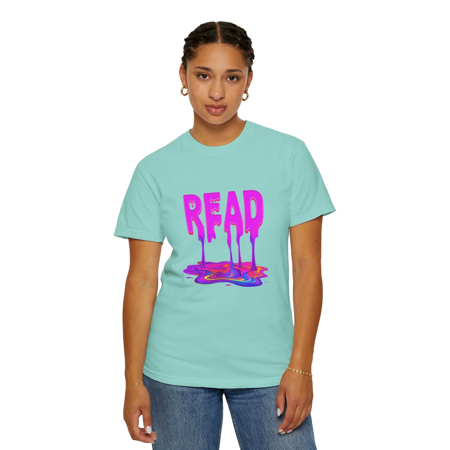 "READ" Dripping Graphic T-Shirt — Psychedelic Melting Book Design