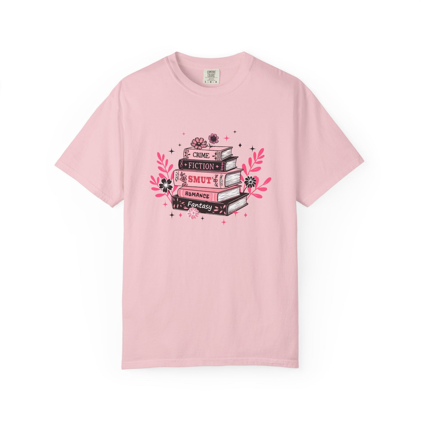 Book Stack Graphic T-Shirt — Cute Floral Reading Shirt (Crime, Fiction, Smut, Romance)
