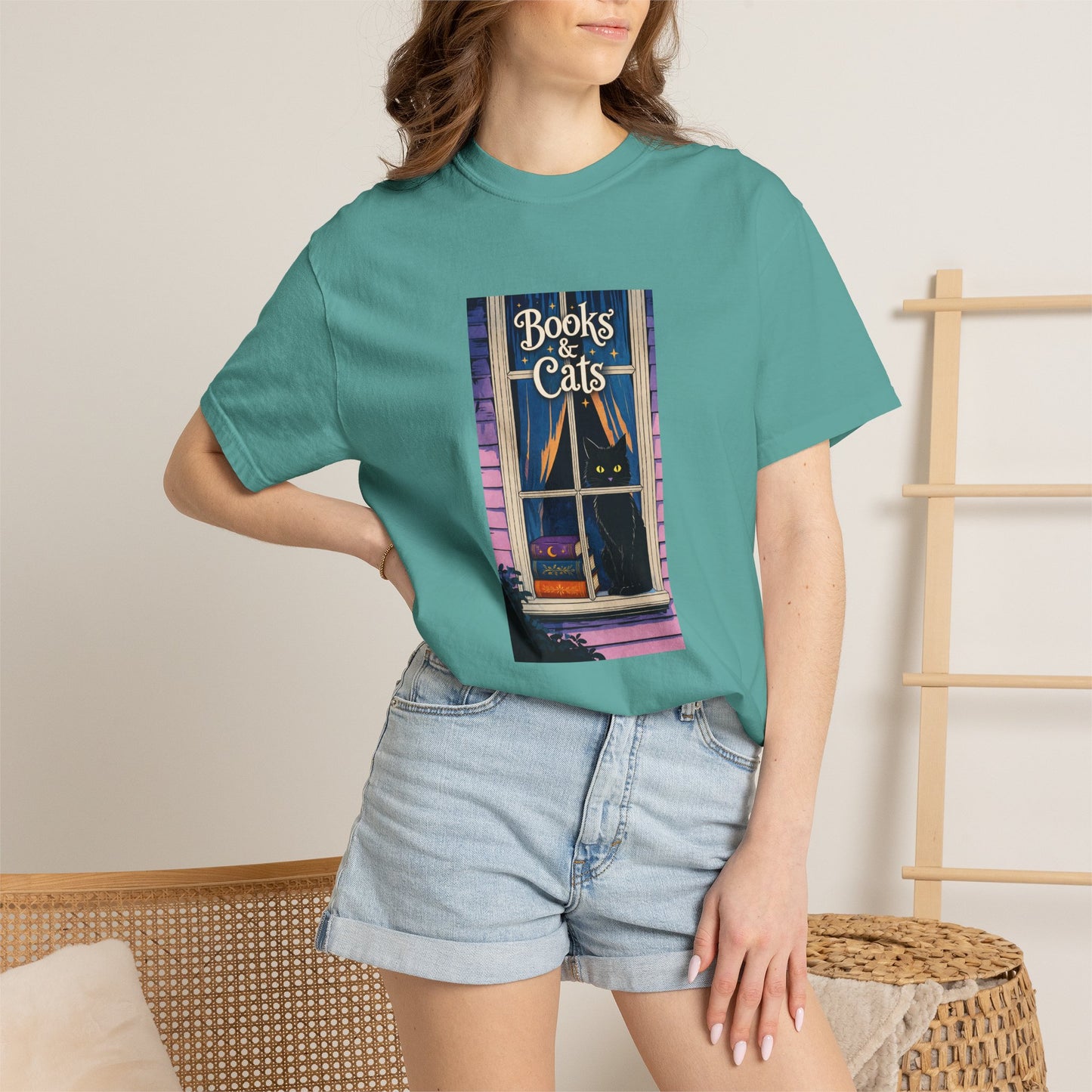 "Books & Cats" T-Shirt — Cozy Bookshop Window Graphic Tee