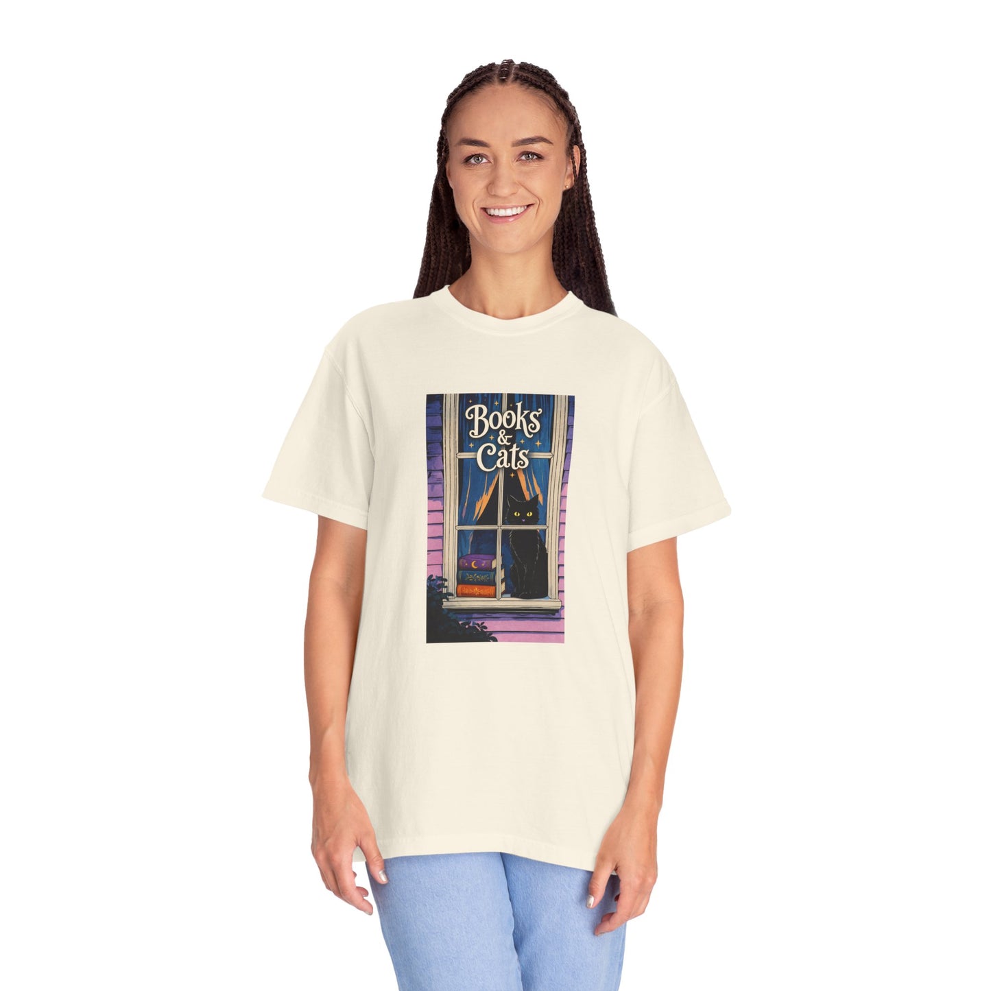"Books & Cats" T-Shirt — Cozy Bookshop Window Graphic Tee