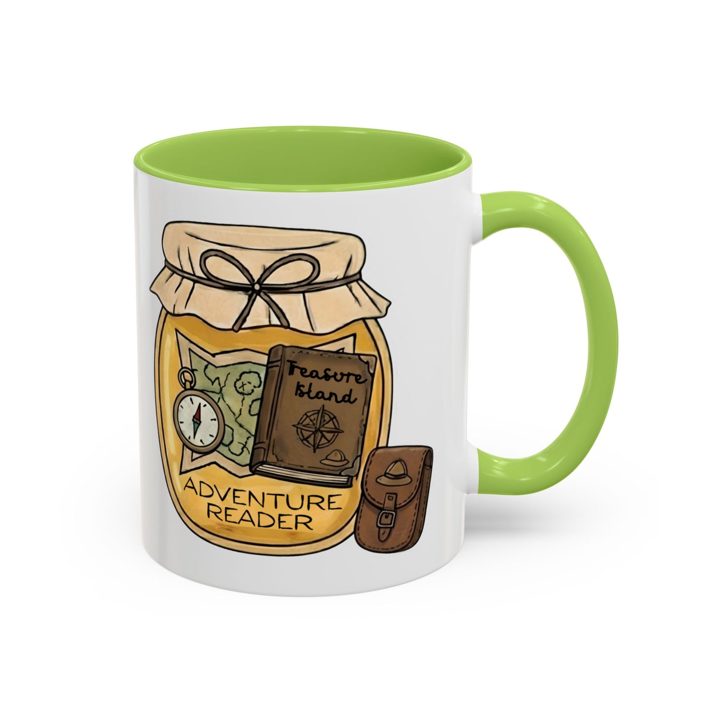 "Adventure Reader" Accent Coffee Mug — Bookish Travel Compass & Treasure Jam Jar Design