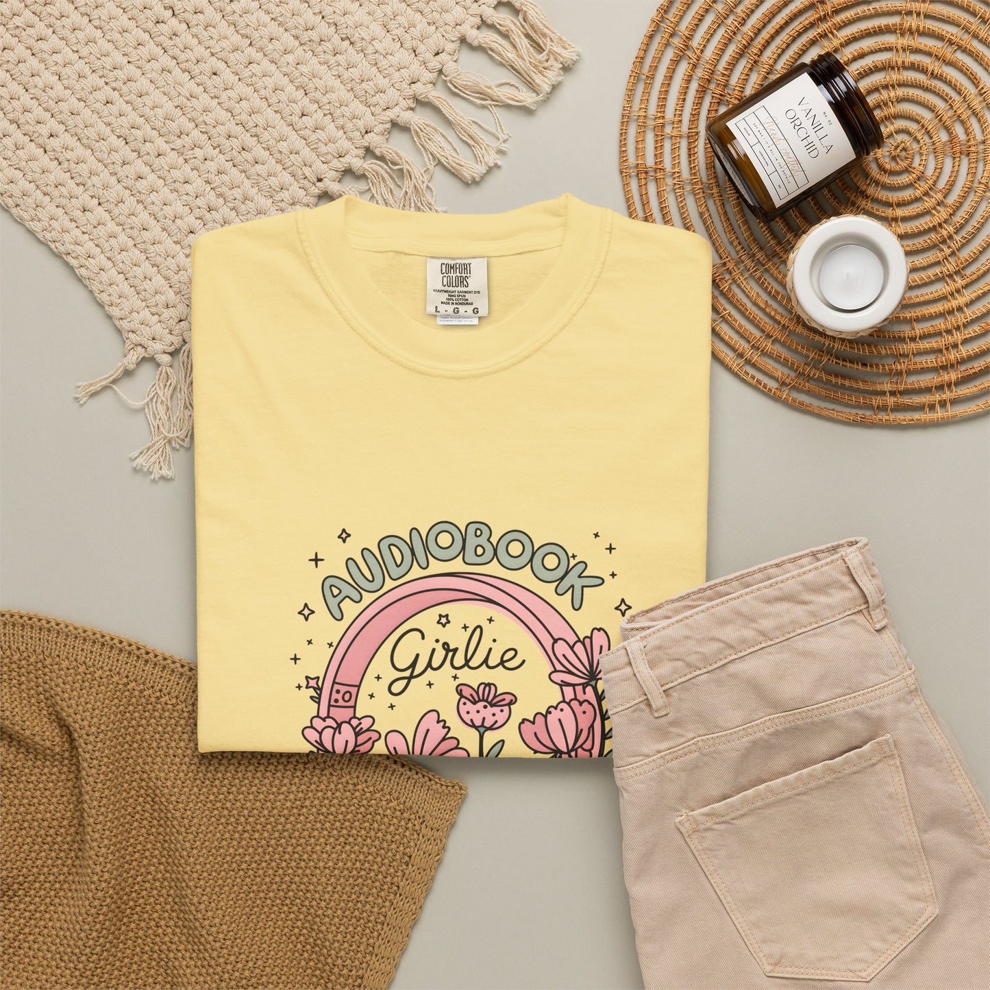"Audiobook Girlie" T-Shirt — Floral Headphones Graphic Tee
