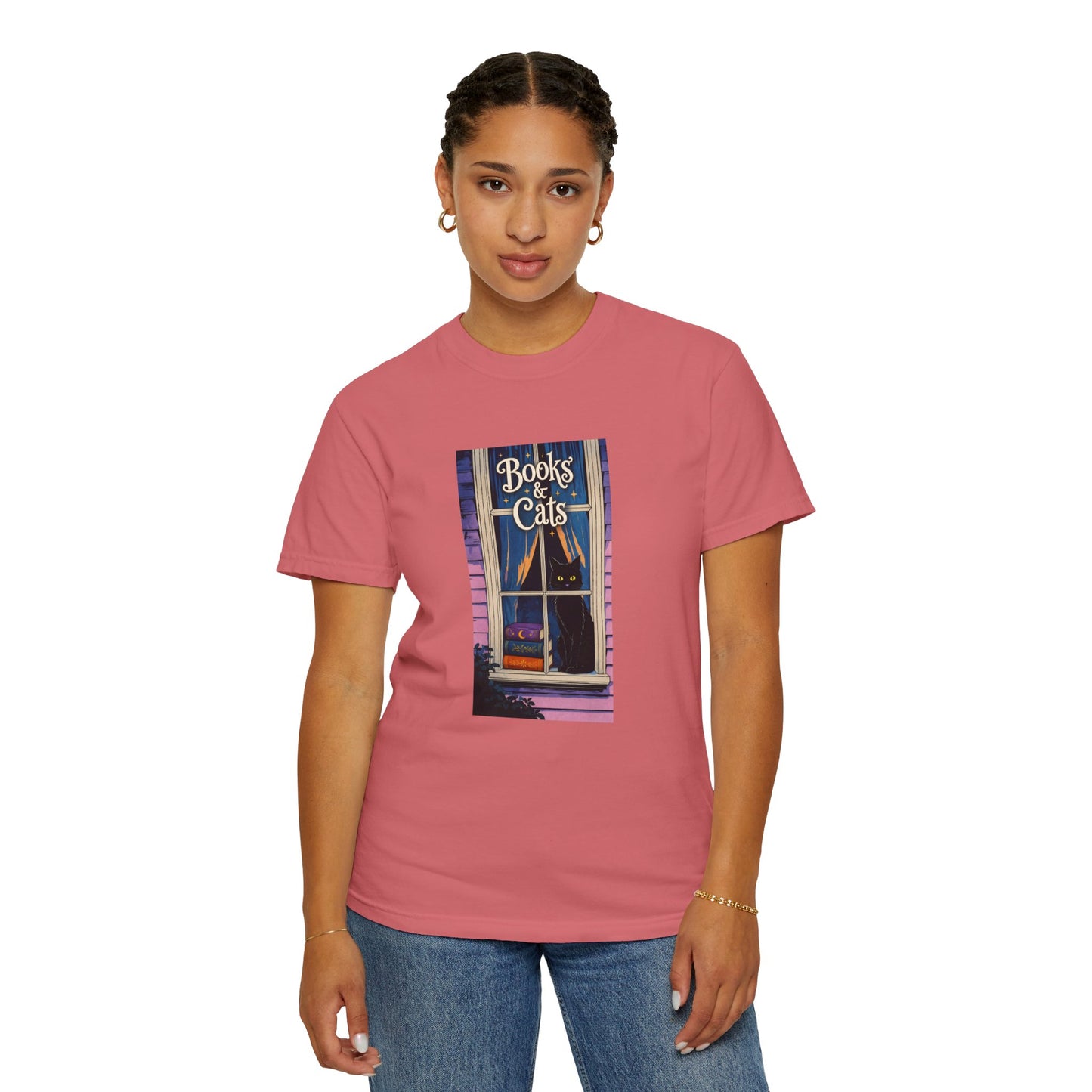 "Books & Cats" T-Shirt — Cozy Bookshop Window Graphic Tee