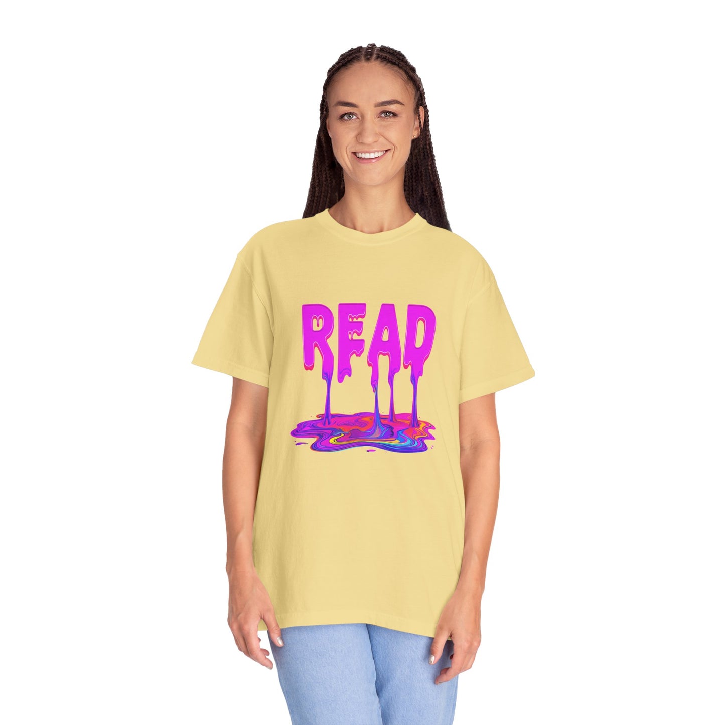 "READ" Dripping Graphic T-Shirt — Psychedelic Melting Book Design
