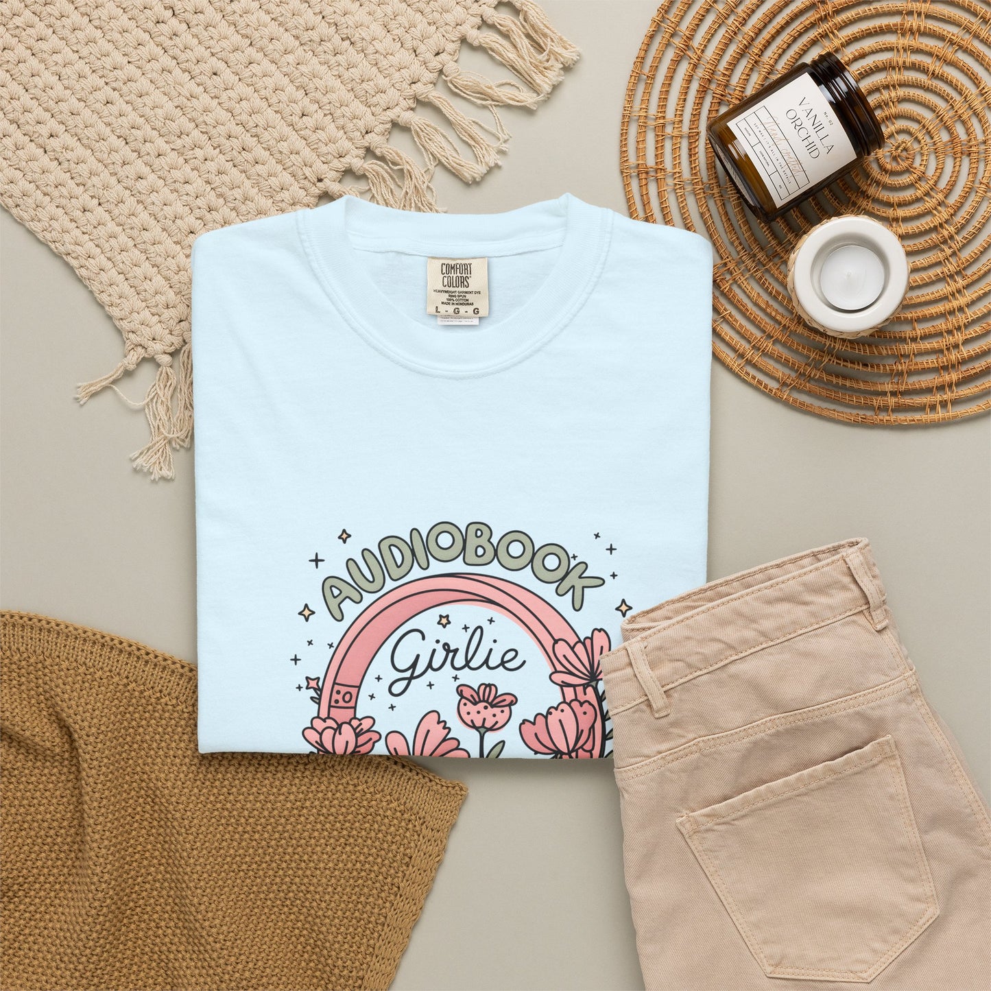 "Audiobook Girlie" T-Shirt — Floral Headphones Graphic Tee