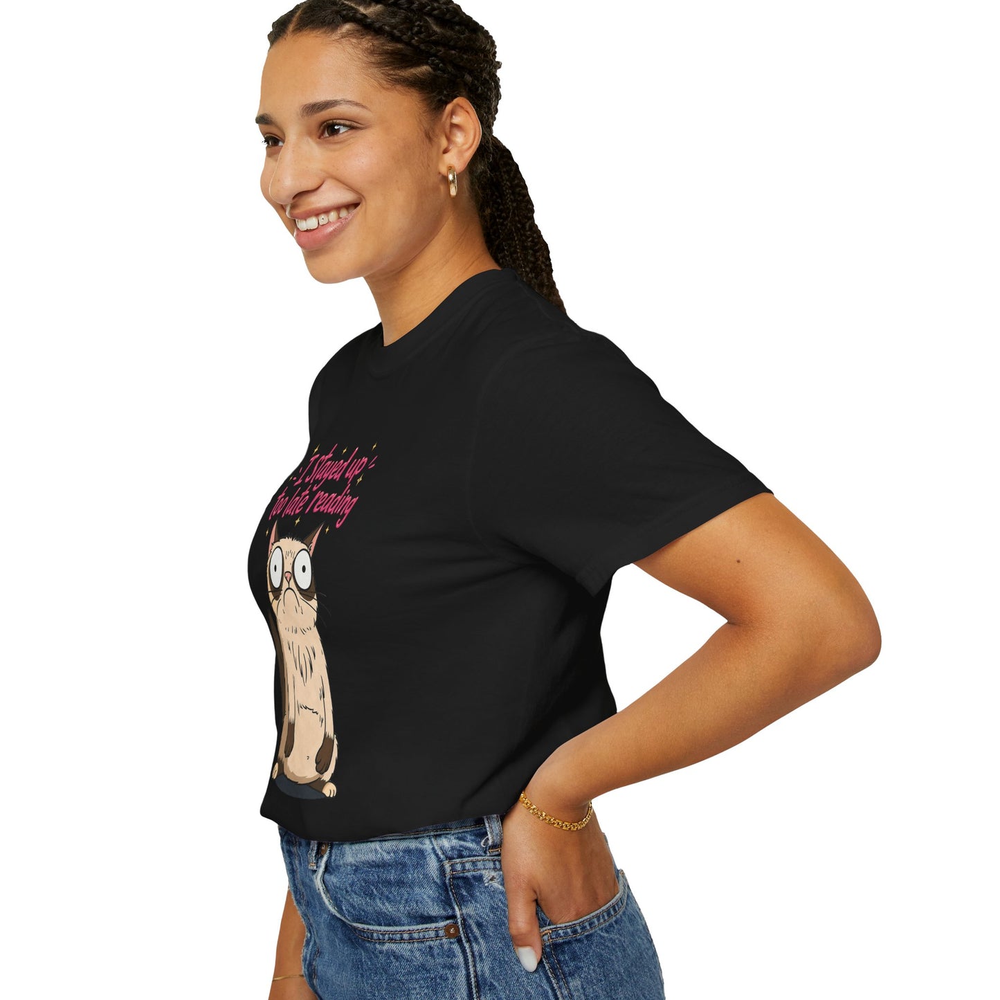 "I Stayed Up Too Late Reading" Cat T-Shirt — Cute Book Lover Graphic Tee