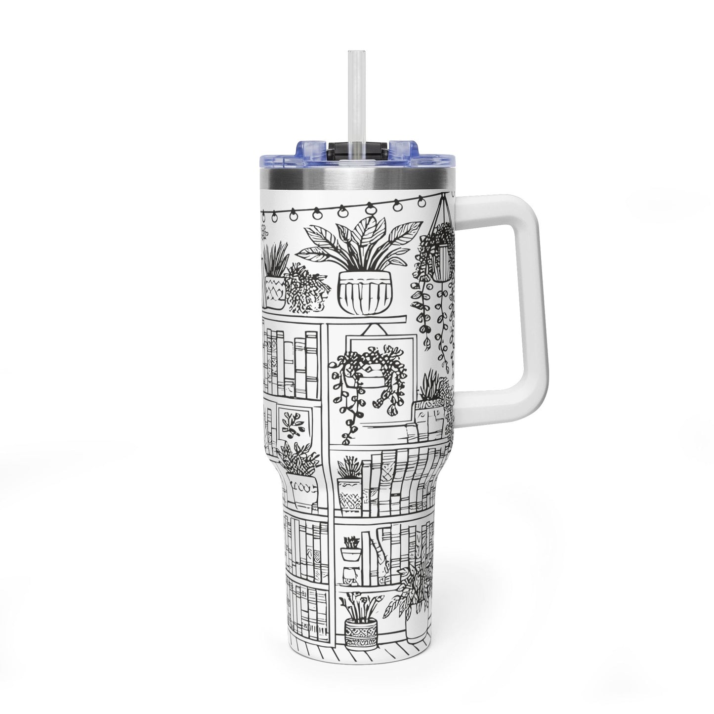 40oz Booklover Vacuum Tumbler – Illustrated Bookshelf Design