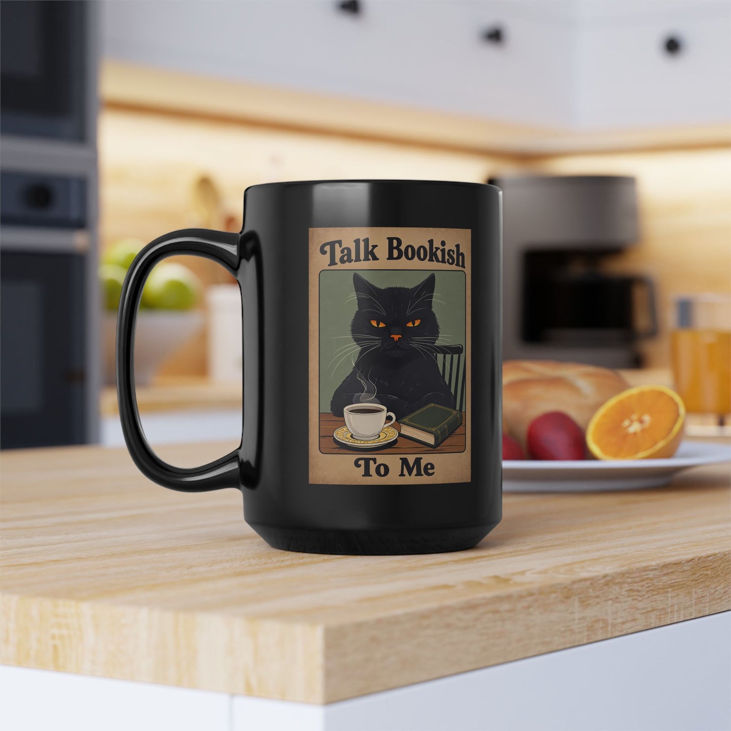 Bookish Cat Coffee Mug — “Talk Bookish To Me” Black Ceramic Mug