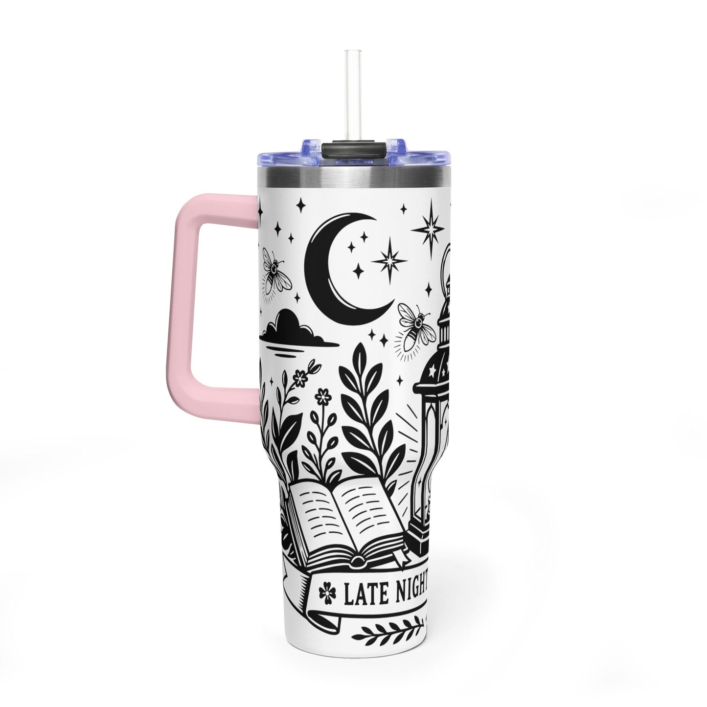 40oz Vacuum Tumbler — "Late Night Reading Club" Lantern & Moon Book Lover Travel Mug