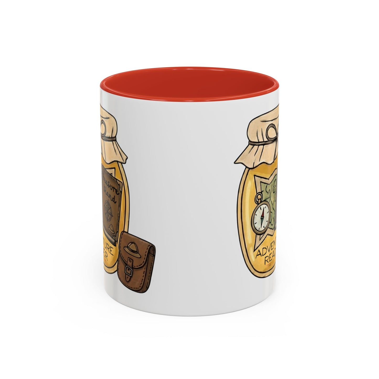 "Adventure Reader" Accent Coffee Mug — Bookish Travel Compass & Treasure Jam Jar Design
