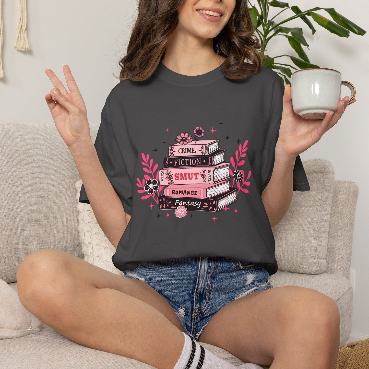 Book Stack Graphic T-Shirt — Cute Floral Reading Shirt (Crime, Fiction, Smut, Romance)
