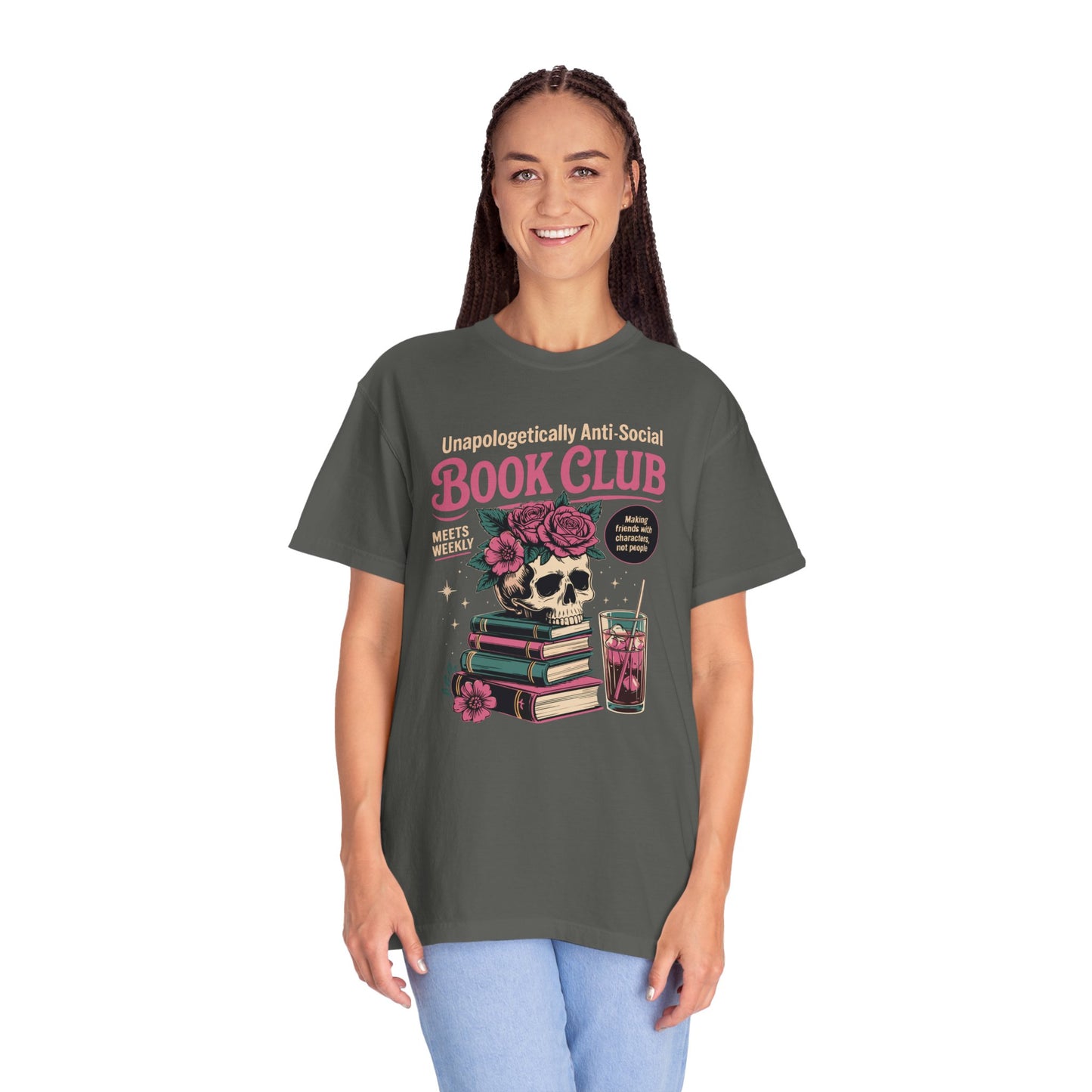 "Unapologetically Anti-Social Book Club" T-Shirt — Skull & Books Graphic Tee for Avid Readers