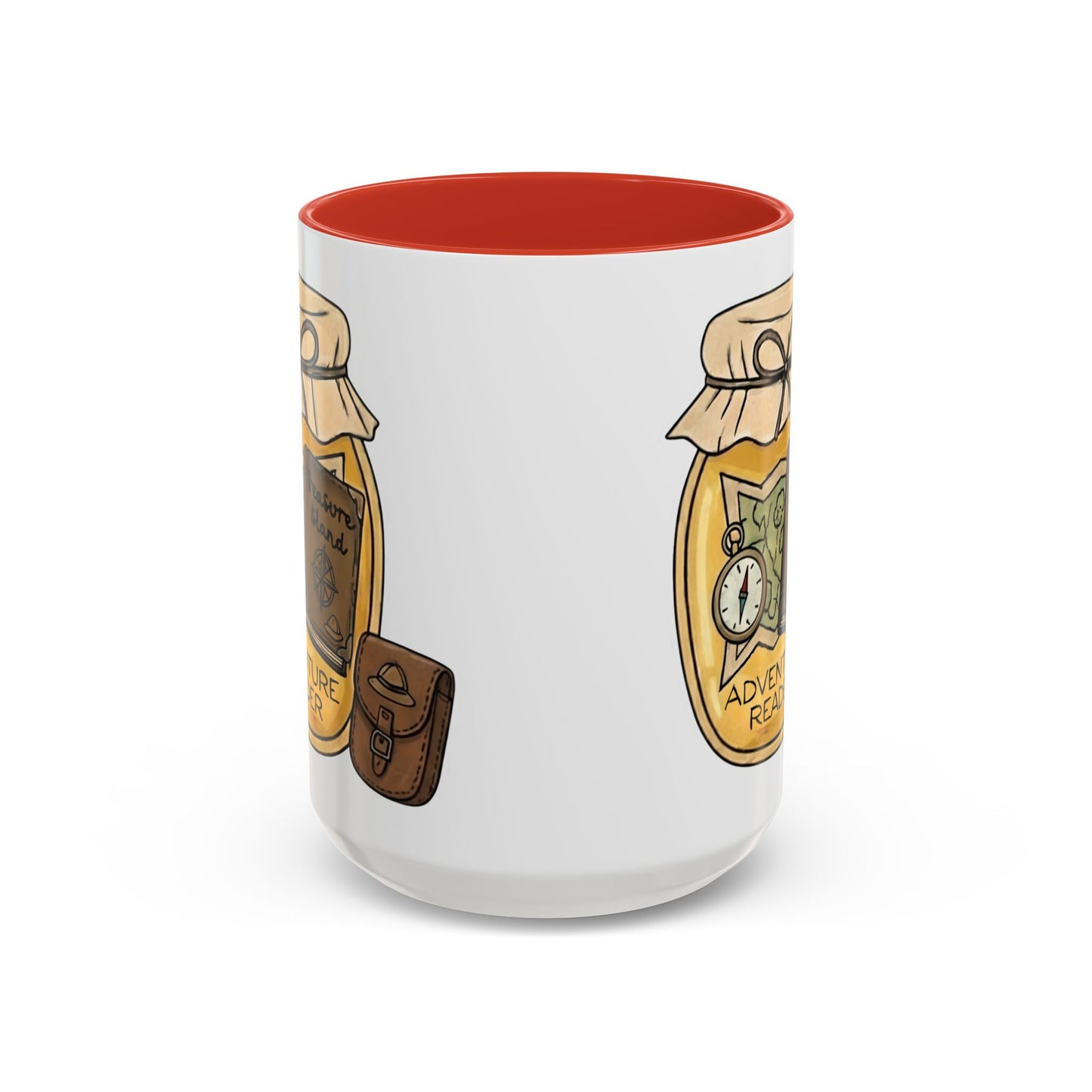 "Adventure Reader" Accent Coffee Mug — Bookish Travel Compass & Treasure Jam Jar Design