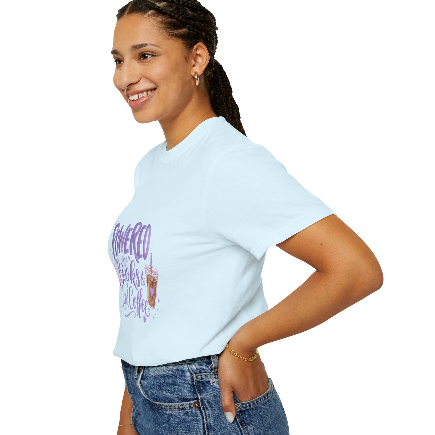 Book Lover T‑Shirt — "Powered by Books & Iced Coffee" Graphic Tee
