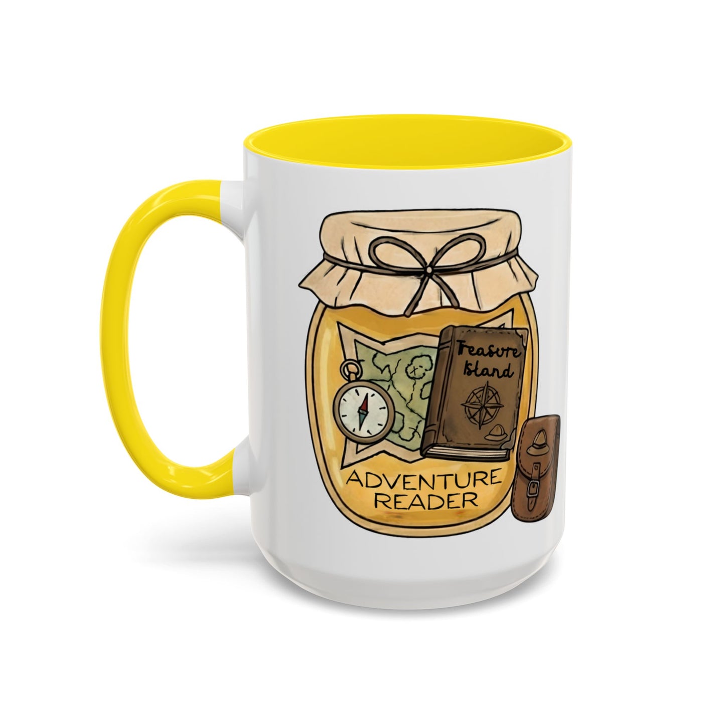 "Adventure Reader" Accent Coffee Mug — Bookish Travel Compass & Treasure Jam Jar Design
