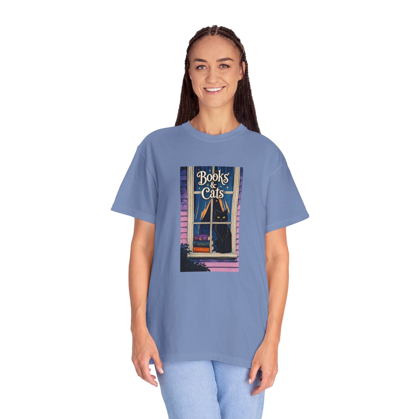 "Books & Cats" T-Shirt — Cozy Bookshop Window Graphic Tee