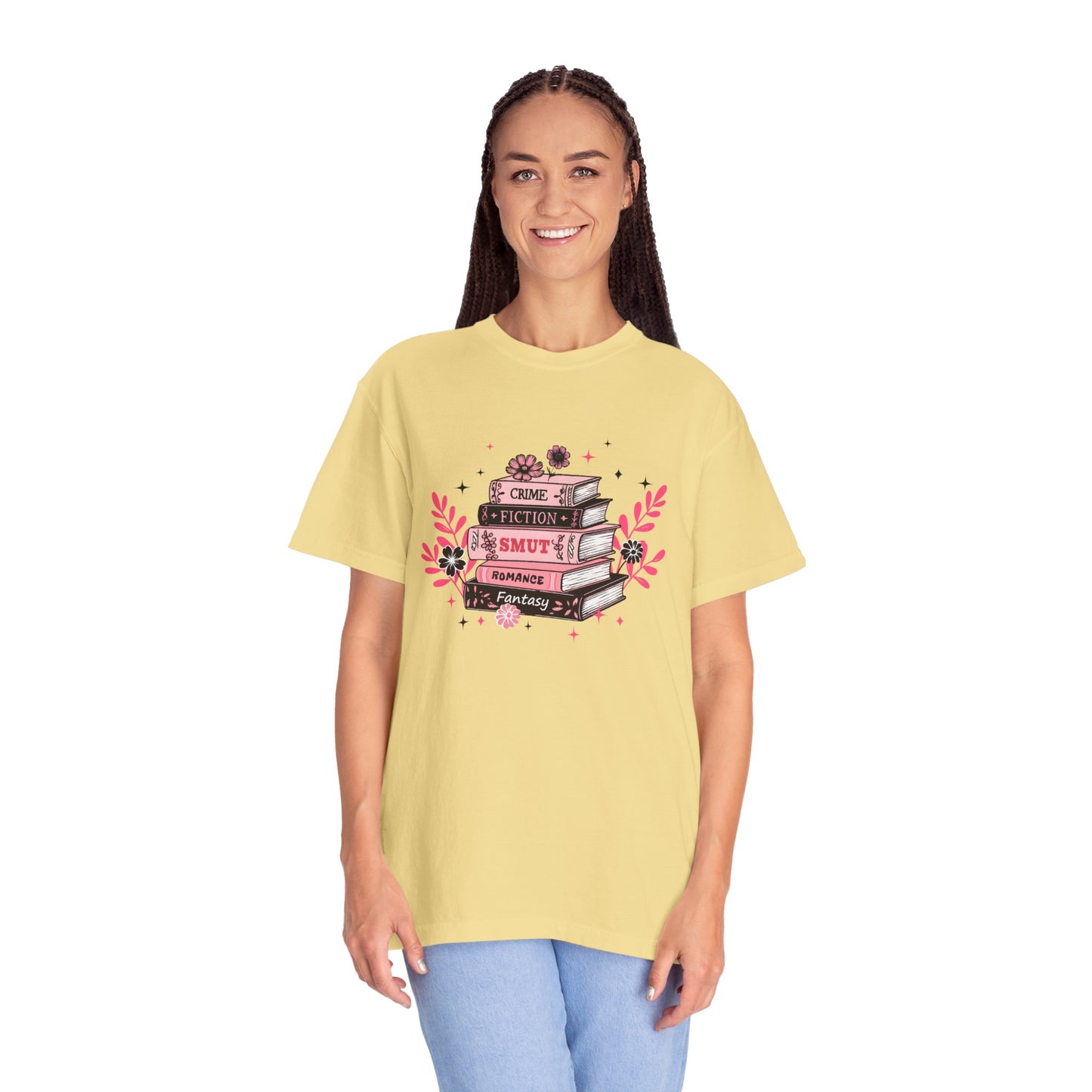 Book Stack Graphic T-Shirt — Cute Floral Reading Shirt (Crime, Fiction, Smut, Romance)