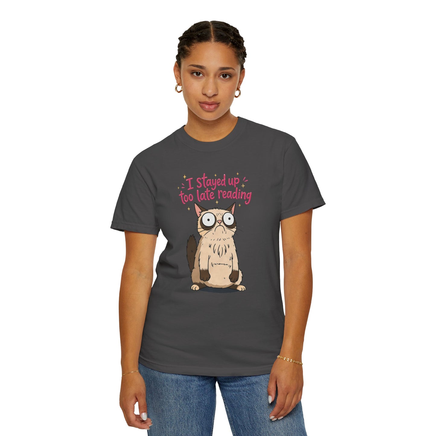 "I Stayed Up Too Late Reading" Cat T-Shirt — Cute Book Lover Graphic Tee