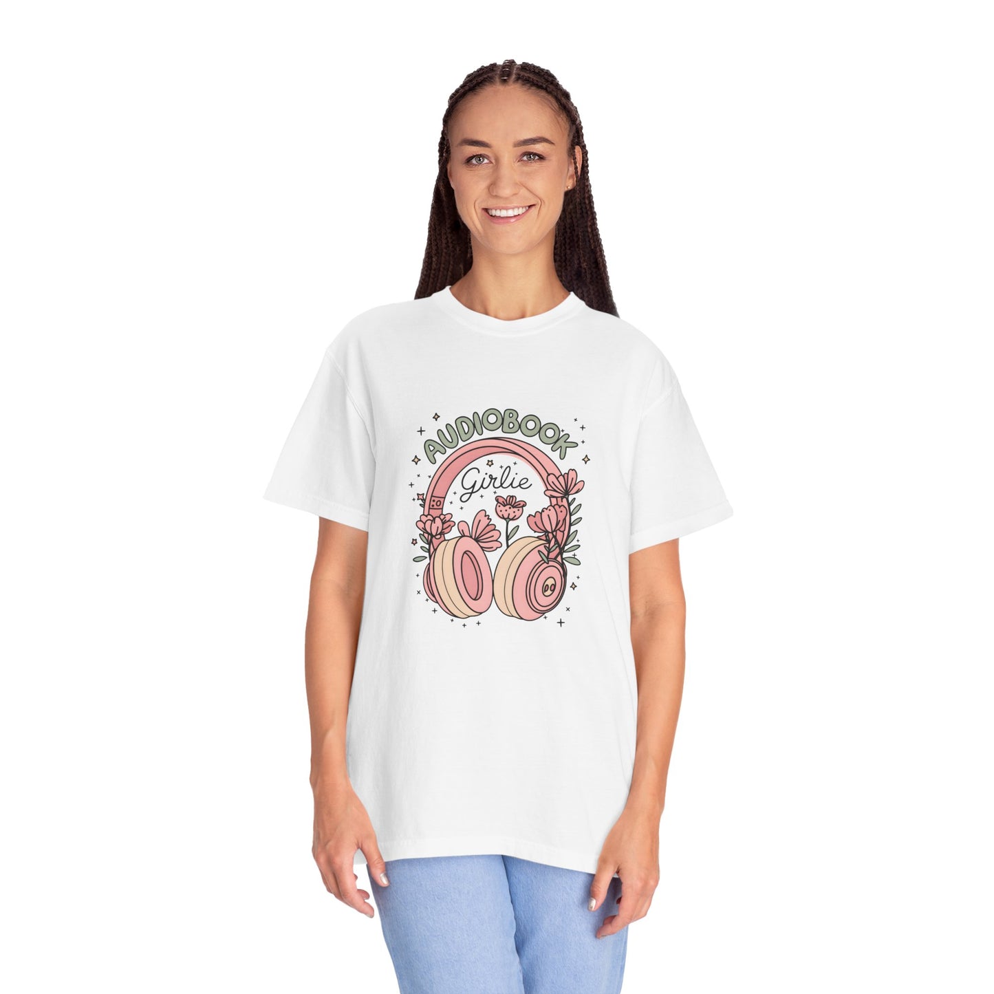 "Audiobook Girlie" T-Shirt — Floral Headphones Graphic Tee