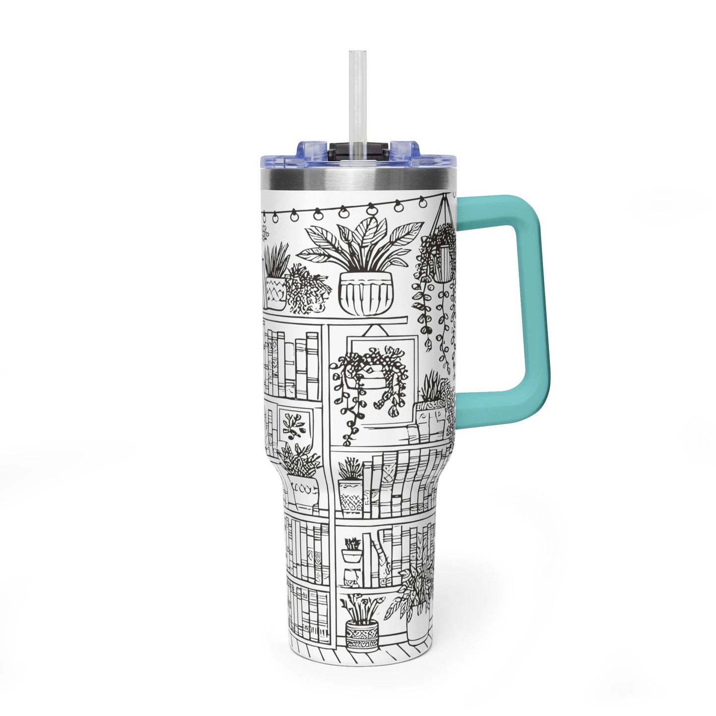 40oz Booklover Vacuum Tumbler – Illustrated Bookshelf Design