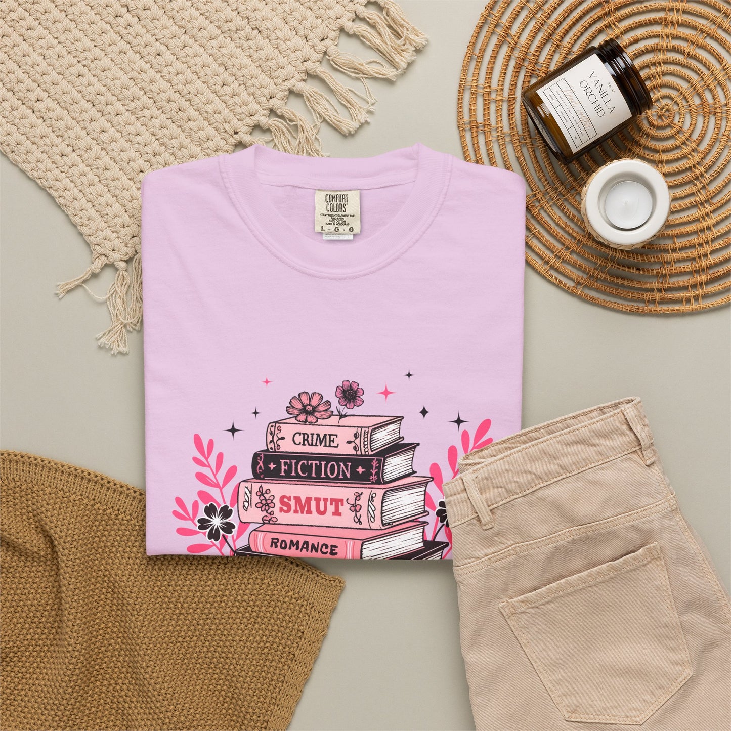 Book Stack Graphic T-Shirt — Cute Floral Reading Shirt (Crime, Fiction, Smut, Romance)