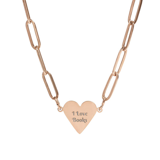 Engraved "I Love Books" Paperclip Heart Necklace – Heart Pendant Chain