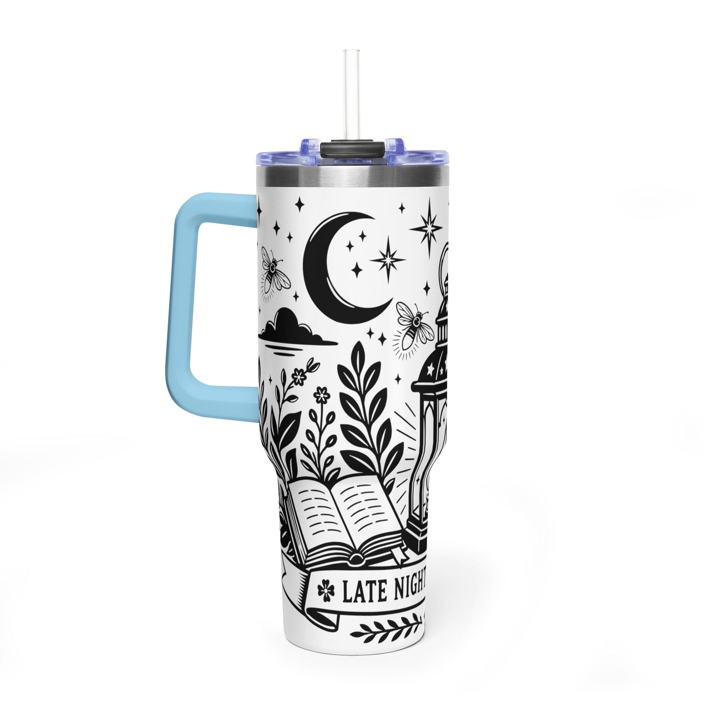 40oz Vacuum Tumbler — "Late Night Reading Club" Lantern & Moon Book Lover Travel Mug