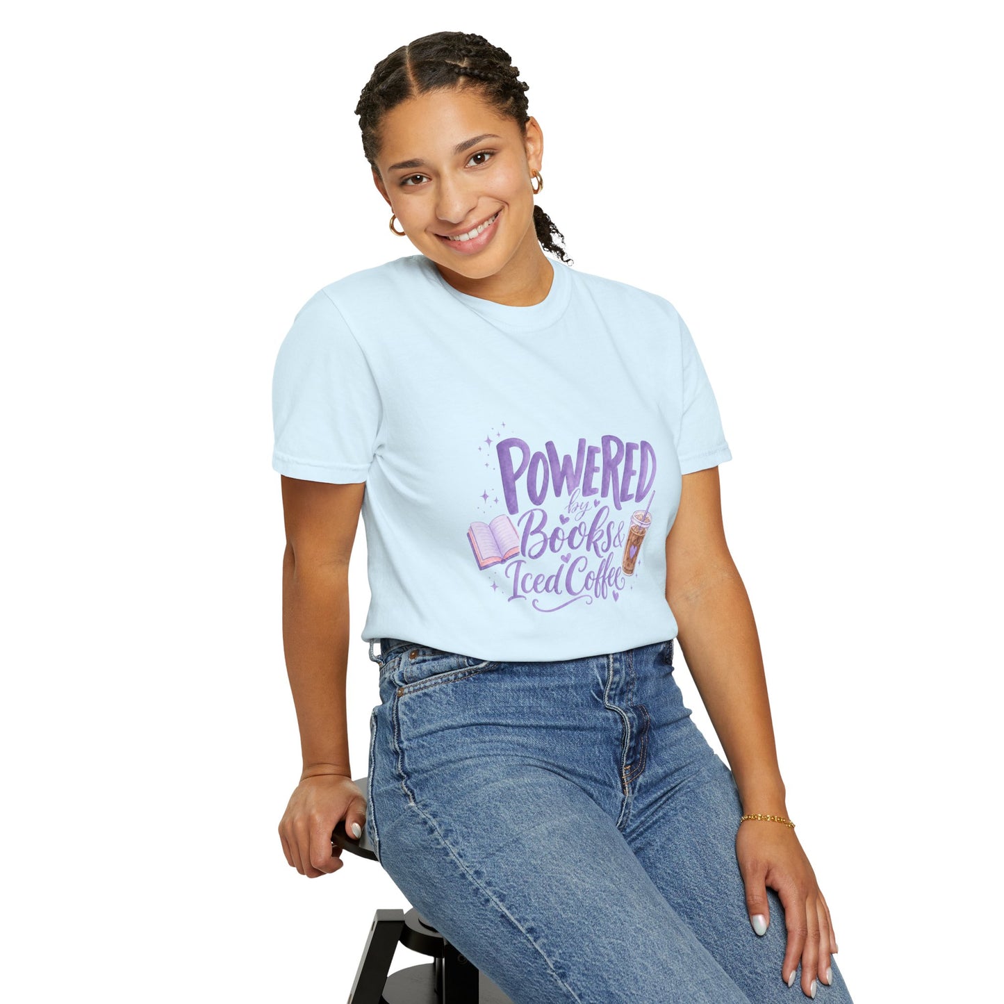 Book Lover T‑Shirt — "Powered by Books & Iced Coffee" Graphic Tee