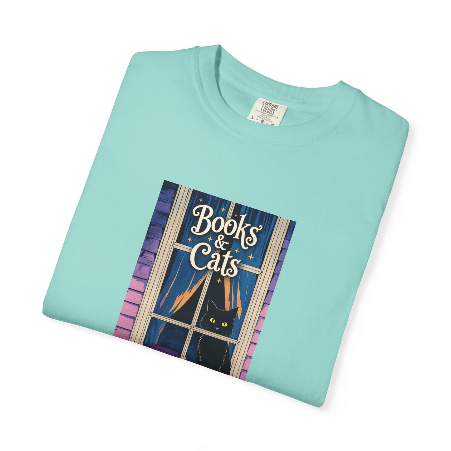 "Books & Cats" T-Shirt — Cozy Bookshop Window Graphic Tee