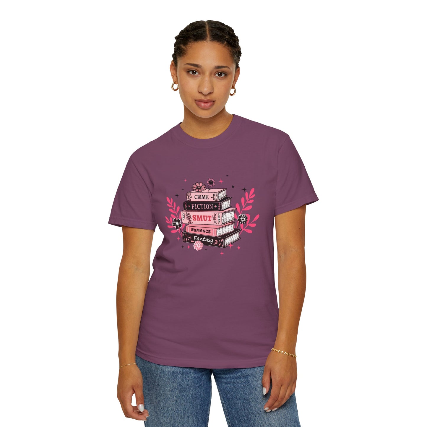 Book Stack Graphic T-Shirt — Cute Floral Reading Shirt (Crime, Fiction, Smut, Romance)