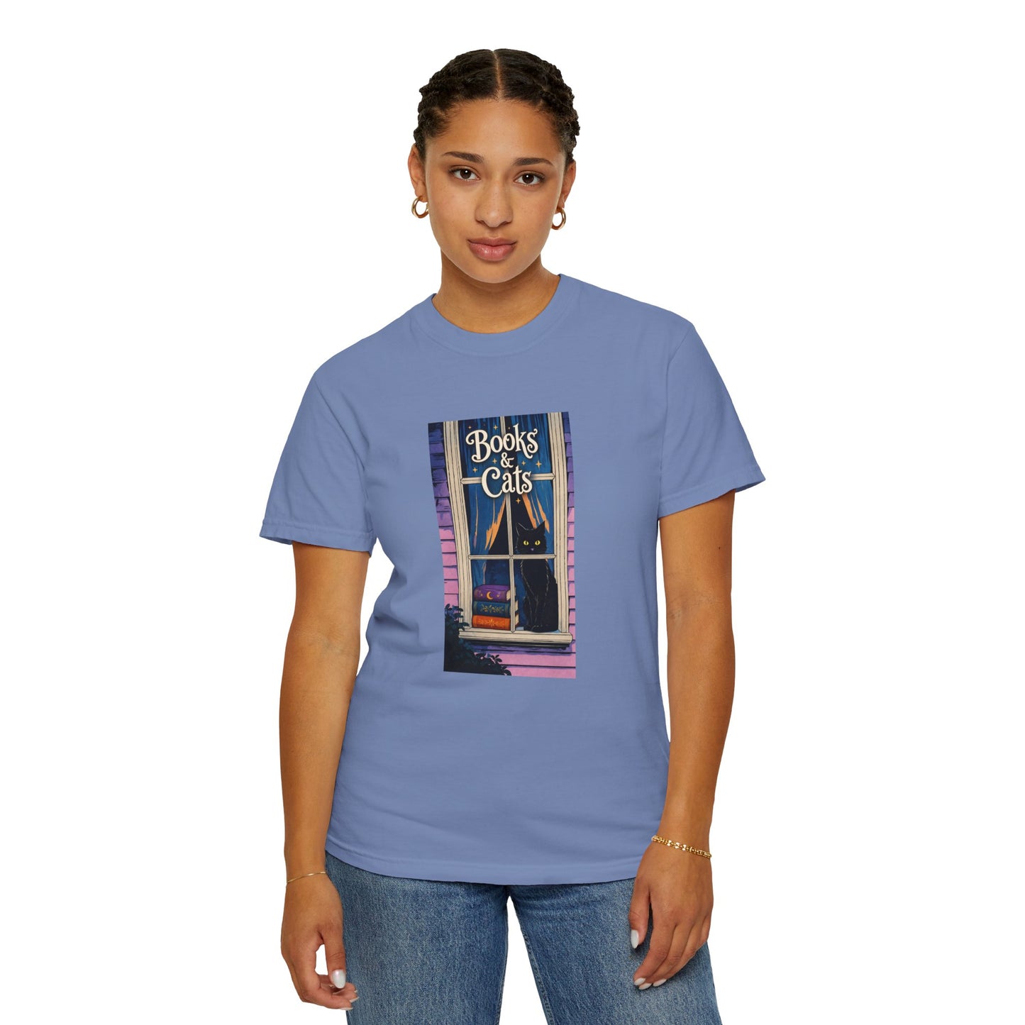 "Books & Cats" T-Shirt — Cozy Bookshop Window Graphic Tee