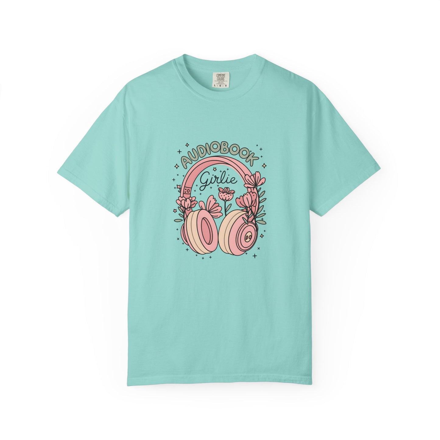 "Audiobook Girlie" T-Shirt — Floral Headphones Graphic Tee